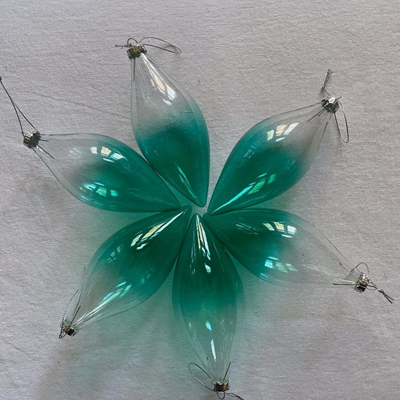 WISTERIA 6" TALL GLASS ORNAMENTS, CLEAR AND TEAL GREEN, SET OF 6 - Picture 1 of 16